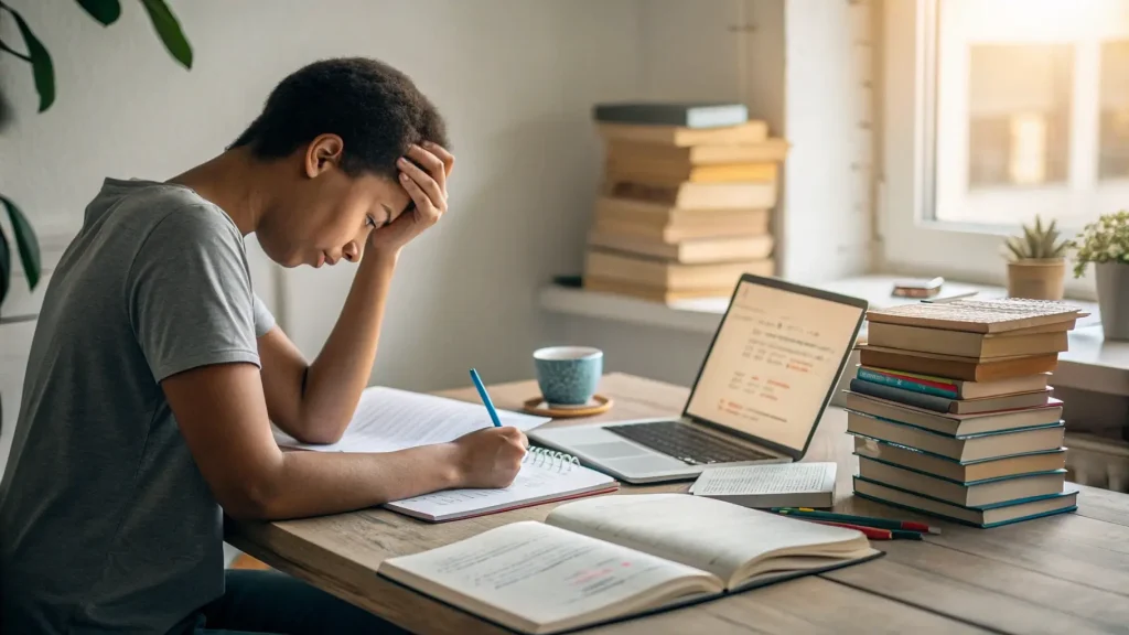 Siswa terlihat pusing belajar IELTS di depan laptop dan buku.