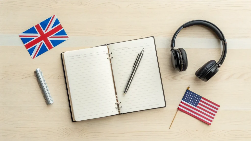 Notebook, headphone, serta bendera British dan American untuk belajar aksen.