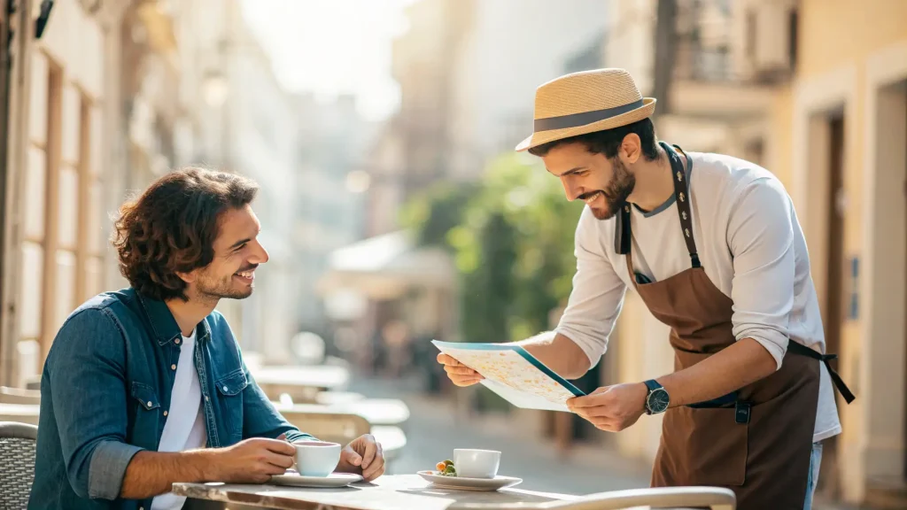 Turis pria memesan makanan kepada pelayan di kafe outdoor