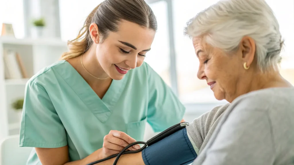 Perawat ramah mengambil tekanan darah pasien lansia.