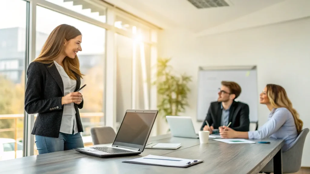 Profesional wanita presentasi percaya diri di depan rekan kerja.