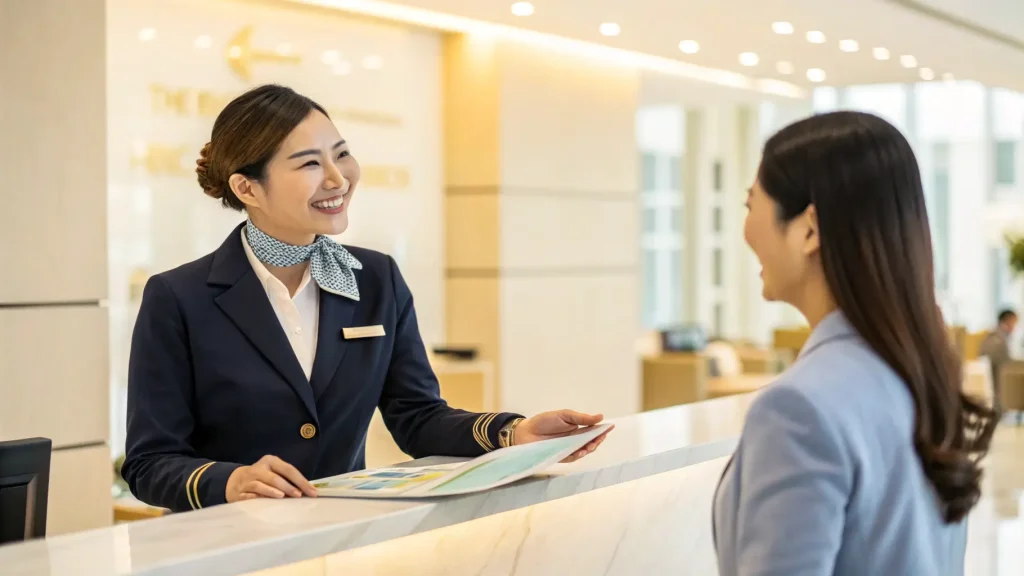 Staf resepsionis hotel profesional melayani tamu di front desk.