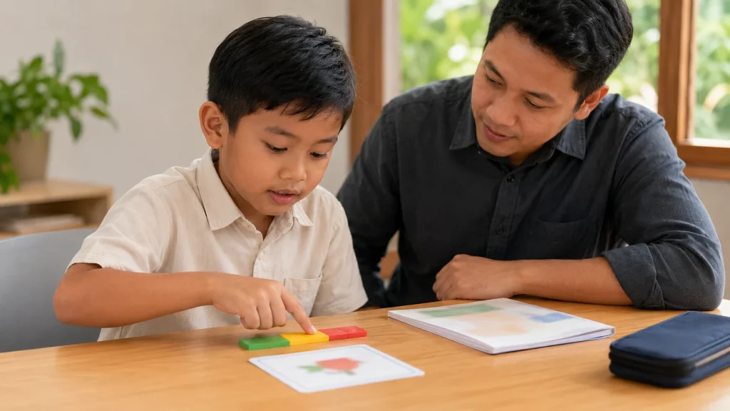 Anak Indonesia berlatih phonics bersama tutor bahasa Inggris dengan balok bunyi dan kartu gambar.