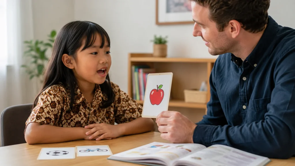 Anak SD berlatih berbicara Bahasa Inggris bersama tutor privat menggunakan kartu bergambar.