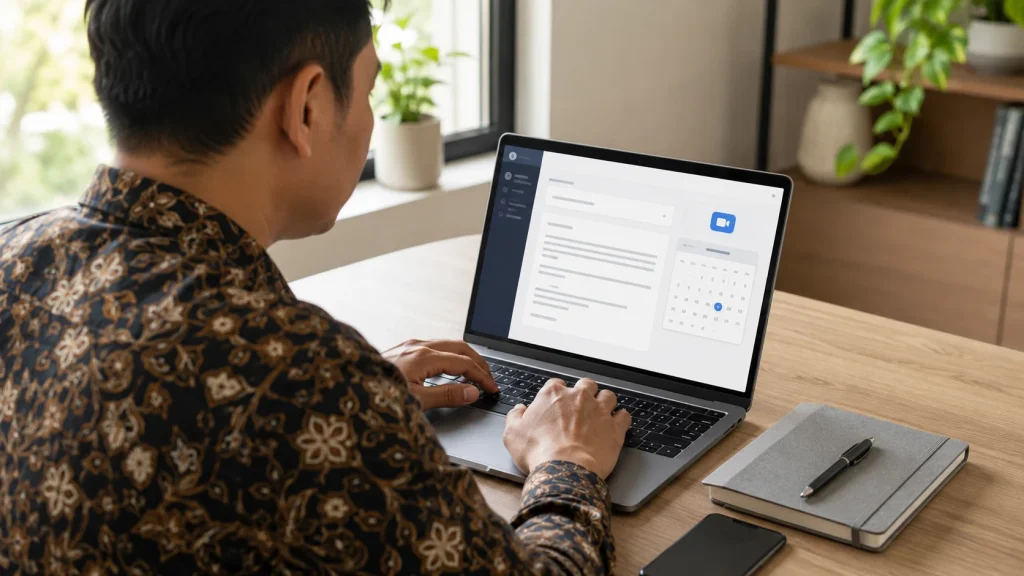 Profesional Indonesia menyusun email undangan meeting berbahasa Inggris di laptop dengan kalender di meja.