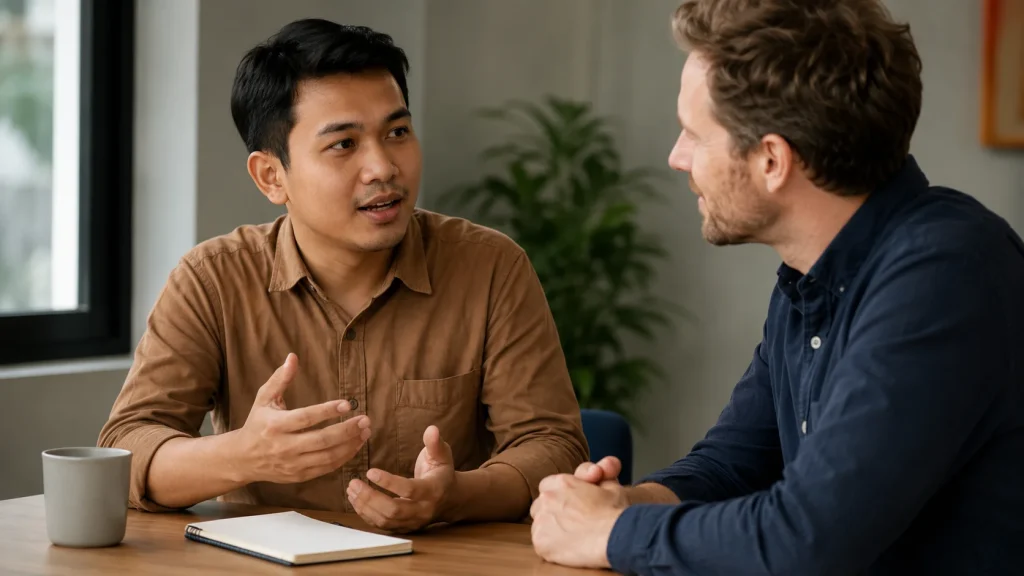 Pembelajar Indonesia berlatih dialog bahasa Inggris bersama tutor privat dalam sesi percakapan one-on-one.