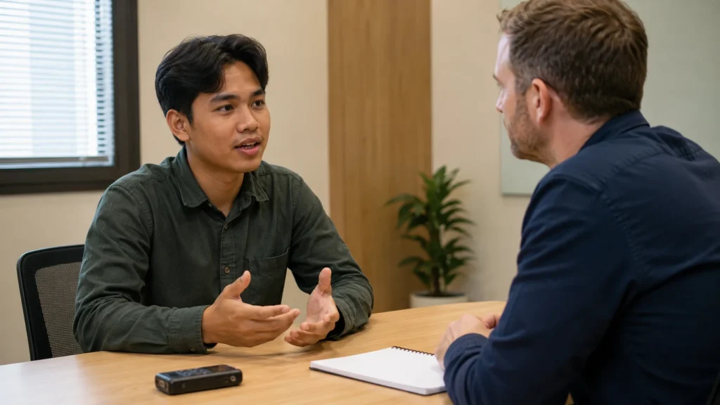 Pelajar Indonesia berlatih IELTS Speaking Part 1 dalam simulasi wawancara dengan tutor bahasa Inggris.