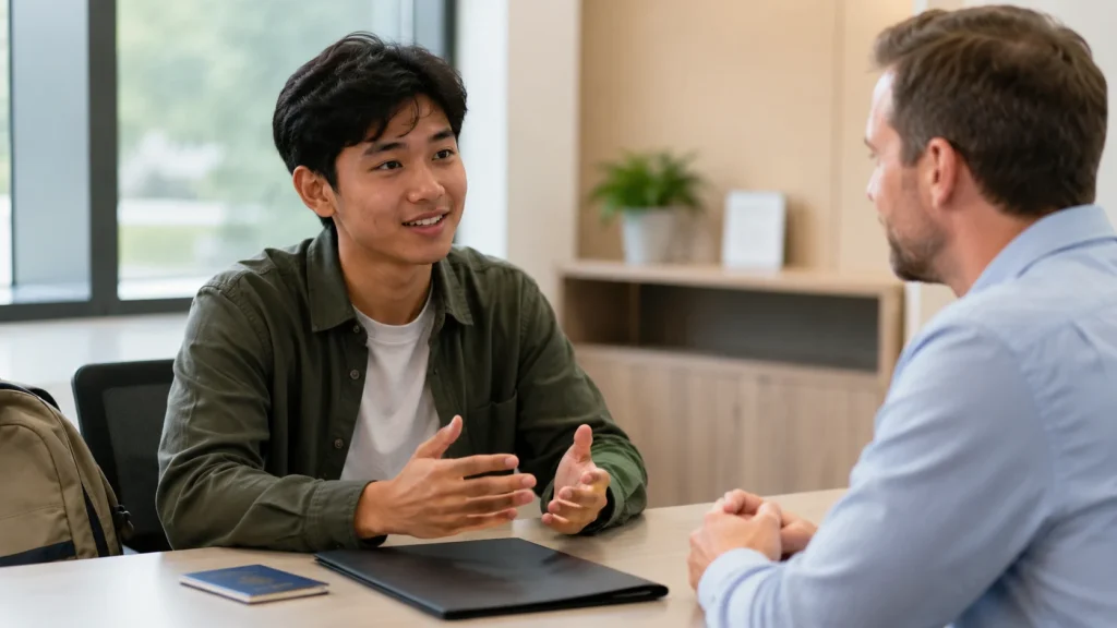 Mahasiswa Indonesia berlatih interview student exchange bersama tutor bahasa Inggris dalam sesi privat.