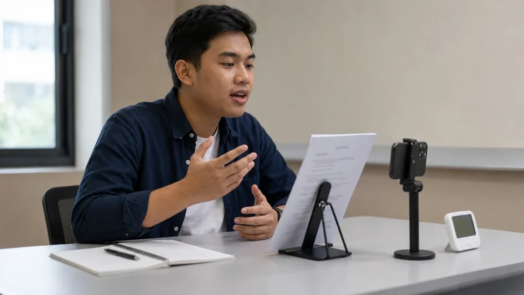 Pelajar dewasa berlatih menjawab cue card IELTS Speaking Part 2 sambil merekam respons dengan ponsel.