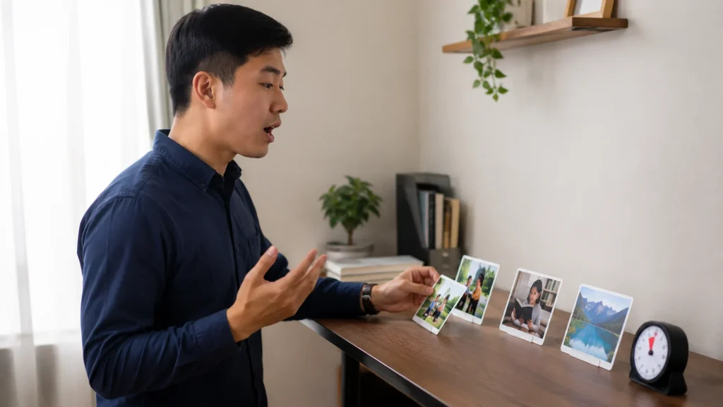 Pembelajar dewasa berlatih speaking bahasa Inggris dengan kartu gambar dan timer di ruang belajar.
