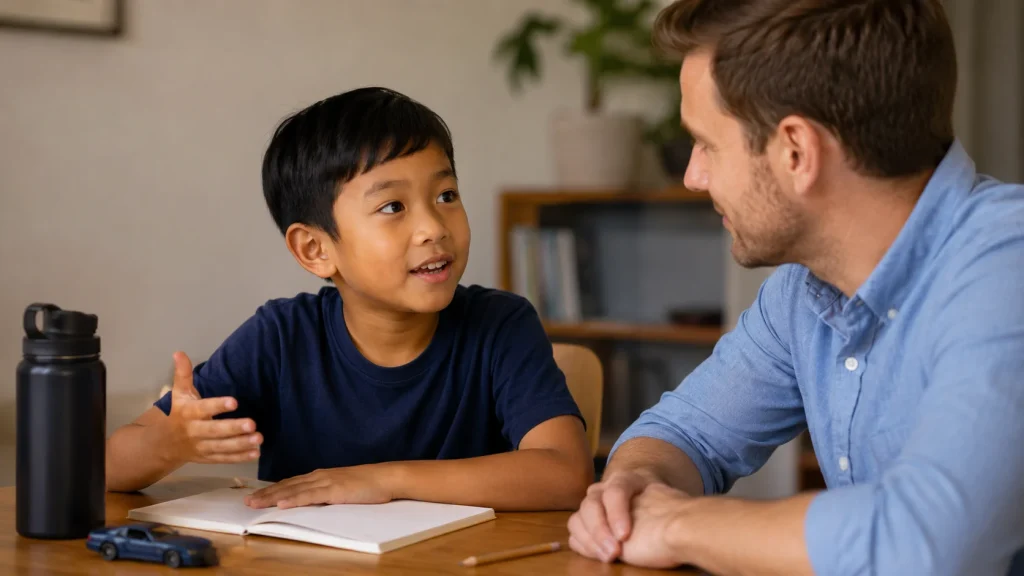 Anak berlatih percakapan bahasa Inggris sehari-hari bersama tutor dalam sesi belajar privat.